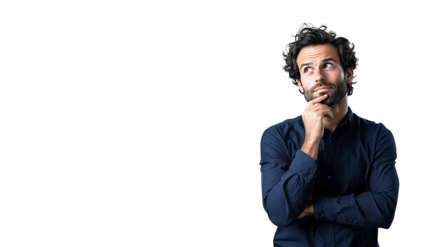 Man thinking while looking up,doubtful and hesitant,isolated on white background,web banner.