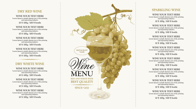 vector wine menu template with price list for a restaurant or bar with a glass of dry white wine and  bunch of grapes on white background. suitable for booklet, leaflet, flyer and website page