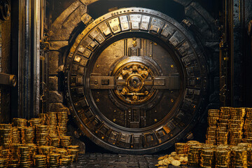 Obraz premium Massive steel bank vault door, securely locked, with piles of gold coins and a mysterious atmosphere. Wealth and security encapsulated.