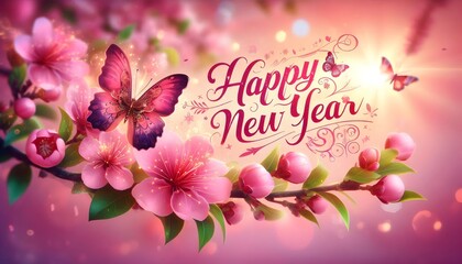 Obraz premium Happy New Year: Stunning Unique and Elegant New Year Design Featuring Flowers and Butterflies for Cards, Greetings, and Print - Celebrate with Creative, Festive, and Eye-Catching Messages