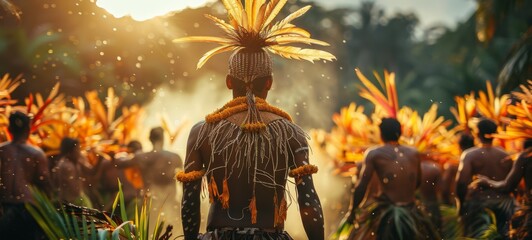 Gawai Dayak Harvest. A person in traditional attire with feathers. The figure stands against a natural backdrop. Suitable for depicting traditional costumes or cultural events. Photograph, horizontal 
