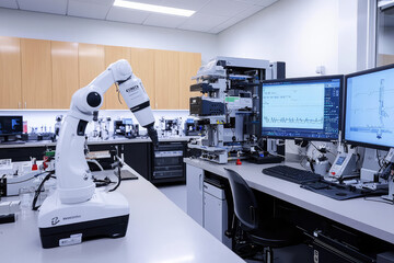 Explore the cutting-edge technology of a modern medical laboratory featuring advanced robots, diagnostic tools, and sophisticated monitoring systems.