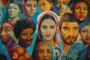 A dynamic mural brimming with vibrant faces from diverse races and ethnicities, celebrating unity and the human spirit through expressive art.