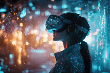 Naklejka premium Immersed in a neon-lit virtual reality experience, a person explores the futuristic world, surrounded by digital particles and abstract lights.