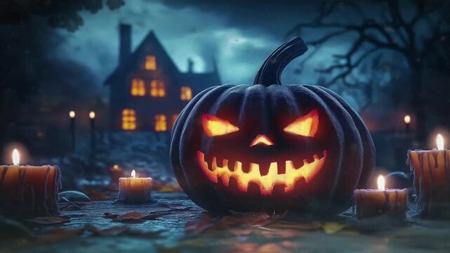 Realistic halloween scary pumpkin with haunted house in the background, dark concept, motion animation looping video animated background 