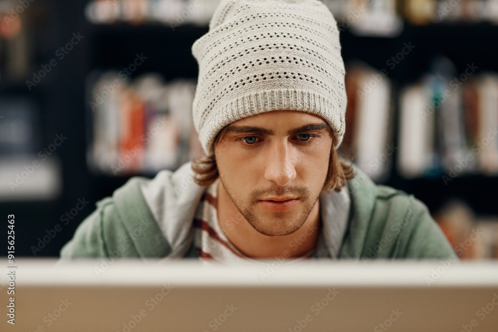 Poster Student, computer and online in college library for programming course, study and information technology. Classroom, man and learning in university for education, app development and research project