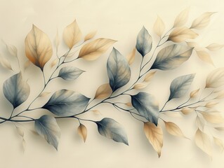 Naklejka premium Elegant, understated botanical pattern with fine line drawings of leaves and stems on a soft.