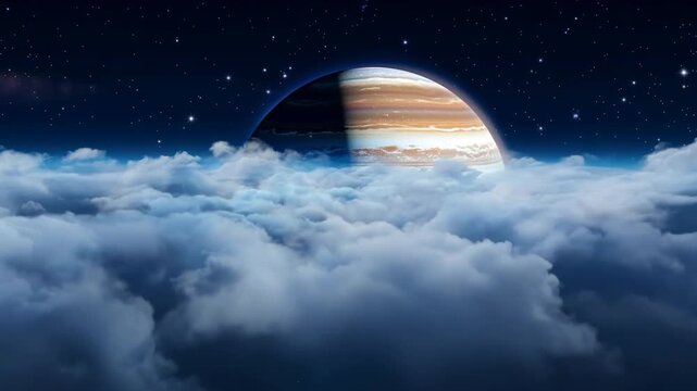 Jupiter Rising Above A Sea Of Clouds In A Starry Night Sky Generative AI