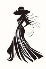 Elegant Silhouette Logo: Woman in Long Dress and Wide Brim Hat