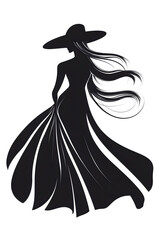 Elegant Silhouette Logo: Woman in Long Dress and Wide Brim Hat