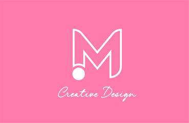 M line letter alphabet logo icon design with pink white pastel color and circle dot for business and company