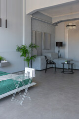 stylish discreet interior of the sleeping area in a modern studio in white-gray colors with green plants. daylight and no people inside