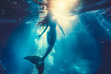 Realistic Beautiful mermaid swimming in the depths of the ocean, elegant mythical creature