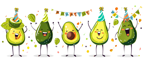 Set of cute smiling avocado characters in different poses with party hats, stars, and hearts isolated on transparent background