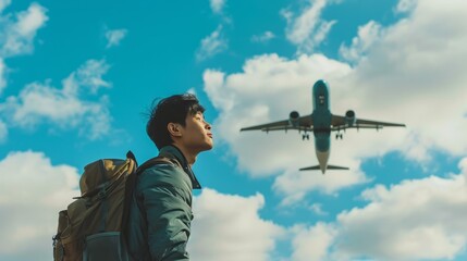 A man with a backpack is looking up at an airplane flying in the sky