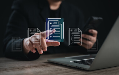 Human Resource Management (HR) concept: a businessman uses an interface for recruitment, leadership...