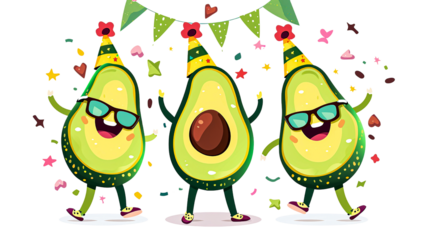 Set of cute smiling avocado characters in different poses with party hats, stars, and hearts isolated on transparent background
