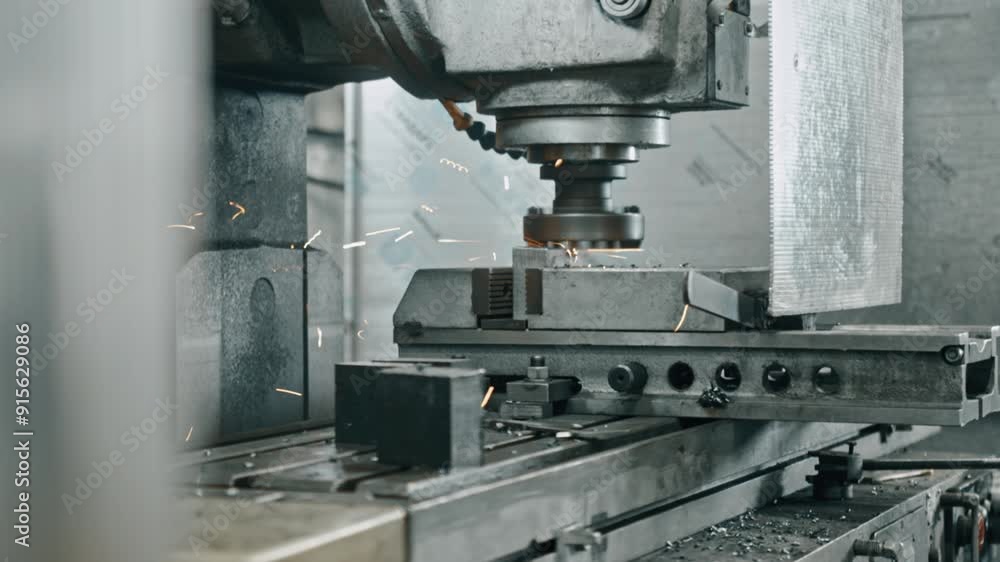 Poster precision metal cutting with sparks by a cnc milling machine in an industrial workshop. advanced tec