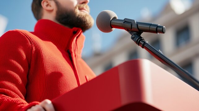 A community activist at a podium, rallying support for a cause during a public event