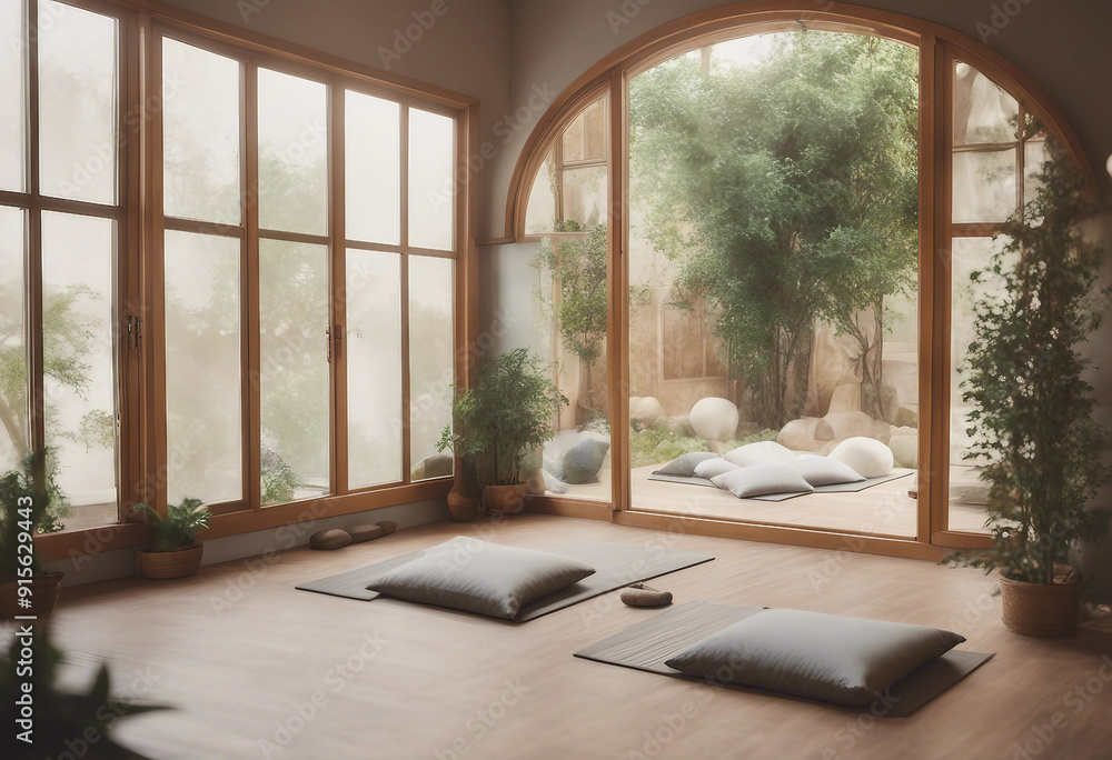 Wall mural empty yoga studio interior design open space with mats pillows and accessories parquet patio house i