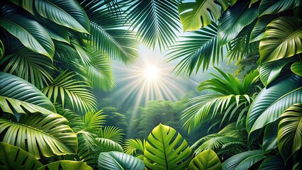 A magnificent green forest illuminated by the golden rays of the morning sun streaming through the tropical leaves. Deep tropical jungle. Dark tropical forest,  rich green jungle. Copy space