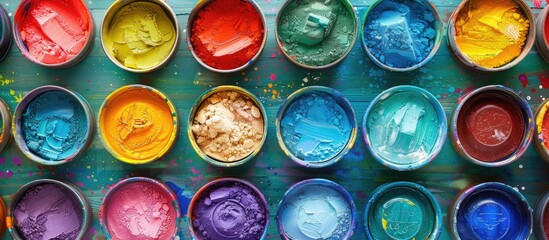 Colorful paint in different colors and sizes is displayed on the table, creating an artistic background with colorful powder and acrylic paints.