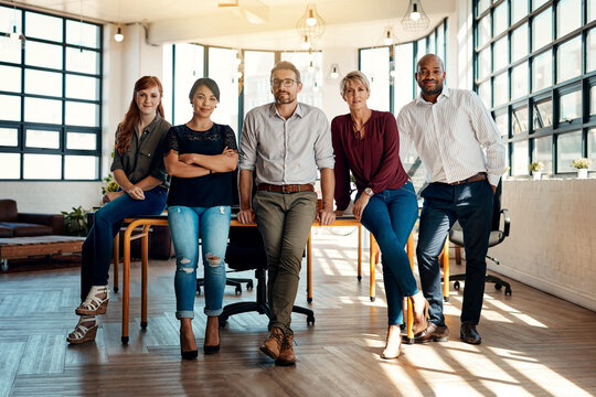 Portrait, diversity and team of business people in office for coworking, about us or arms crossed. Pride, group or confident manager with employees, staff or creative writer in startup for solidarity
