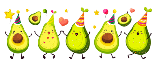 Set of cute smiling avocado characters in different poses with party hats, stars, and hearts isolated on transparent background