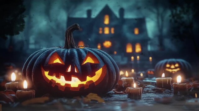 Realistic halloween scary pumpkin with haunted house in the background, dark concept, motion animation looping video animated background 