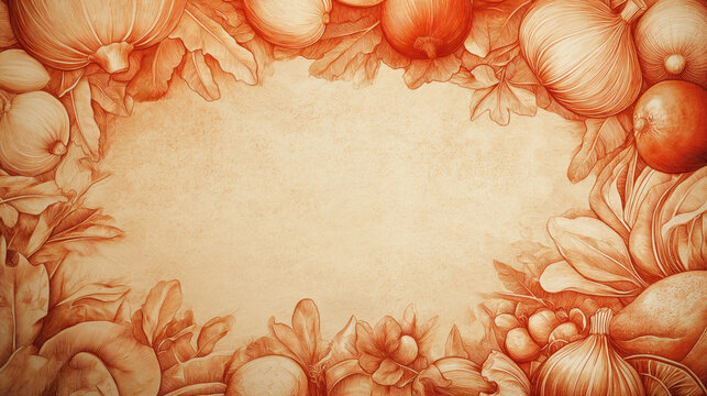 Vintage botanical illustration with a blank parchment center framed by various fruits and vegetables in an autumnal color scheme.