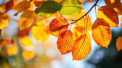 Autumn colorful bright leaves swinging in a tree in autumnal park