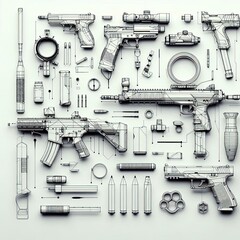 minimal modern and avant garde weapon gun sketches on a white background, 16:9. 3D Rendering. AI generated
