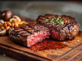 Grilled Steak with Mushrooms and Beans on a Wooden Cutting Board