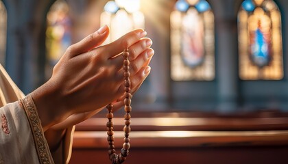 A serene image of a pair of hands gently holding a Rosary, with fingers delicately moving