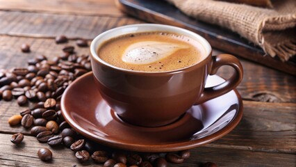 Steaming Freshly Brewed Cup of Coffee on Wooden Table
