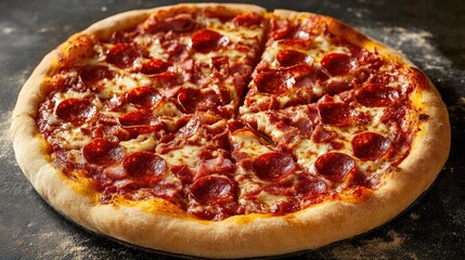 Hot Big Pepperoni PizzaMouthwatering pepperoni pizza with melting cheese, crispy bacon, and fresh toppings, steaming hot