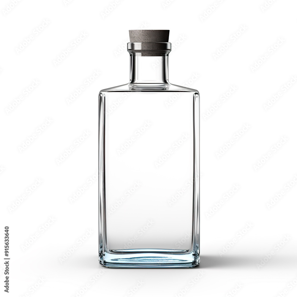 Poster empty glass bottle with cork top and rectangular shape.