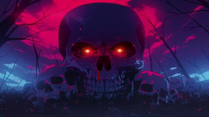 halloween scary skull with red eye in anime or cartoon illustration style animation looping video animated background 