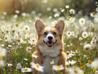 Happy Pembroke Welsh Corgi Dog in a Field of Daisies