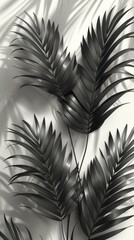 Modern pattern featuring minimalist palm leaves in monochrome tones on a clean white backdrop. 