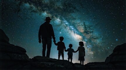 Fototapeta premium Silhouettes of a Family Gazing at the Milky Way