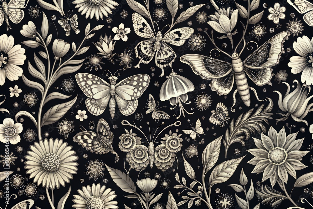 Wall mural Intricate black and white vintage seamless pattern featuring delicate flowers, beetles, and butterflies in a whimsical and nature-inspired ornate repeating design.