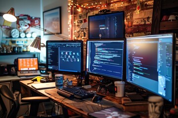 A programmers desk with multiple monitors displaying code, surrounded by coffee cups and tech gadgets