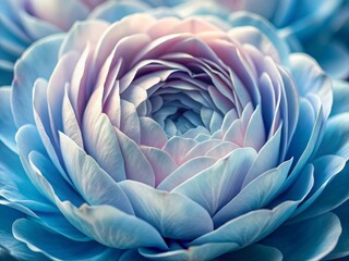 Obraz premium Intimate perspective of tender rose-hued flower petals, softly gradated to subtle azure blues, showcasing intricate textures and delicate patterns in exquisite botanical detail.