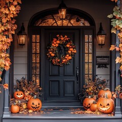 Obraz premium Elegant Halloween Home Entrance with Pumpkins