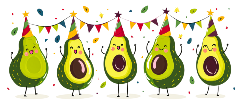 Set of cute smiling avocado characters in different poses with party hats, stars, and hearts isolated on transparent background