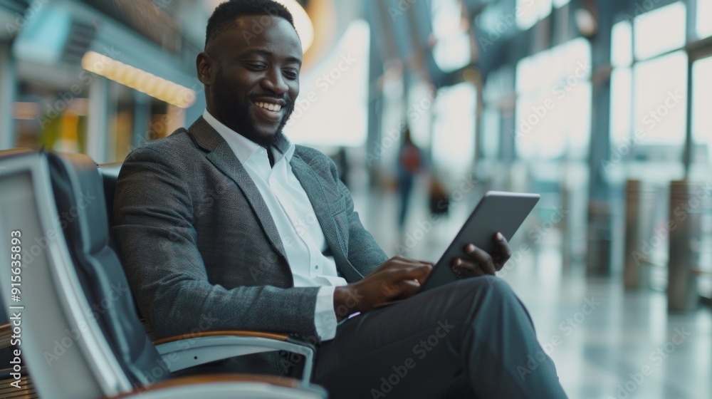Poster a man in a suit is sitting on a bench and using a tablet