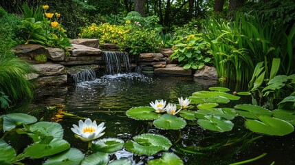Peaceful garden scene featuring a serene pond with blooming lilies and lush greenery