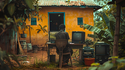 Visualize an anthropologist studying the integration of modern technology in rural societies and its cultural impact