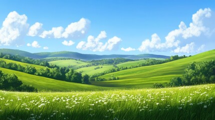 Obraz premium Peaceful countryside landscape with rolling hills, clear blue sky, and a gentle breeze